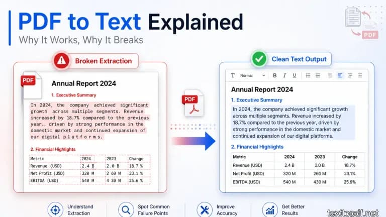 Image showing broken PDF text extraction on one side and clean formatted text output on the other