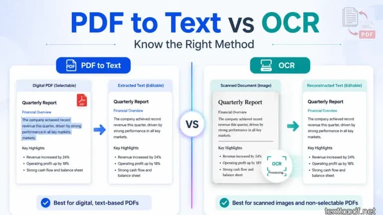 Split screen showing PDF to Text extraction on one side and OCR processing on the other with clean and scanned outputs