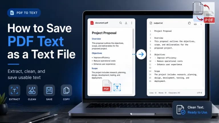 thumbnail showing PDF text extraction and saving the cleaned result as a text file in a modern editor layout