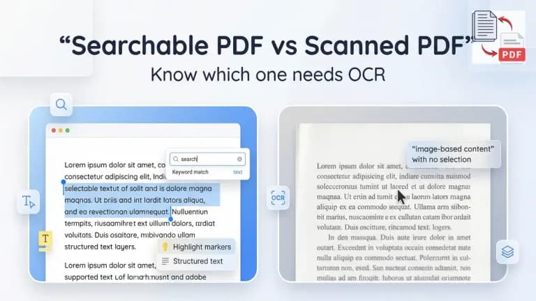 Comparison showing a searchable PDF and a scanned PDF side by side with clear labels and document behavior differences