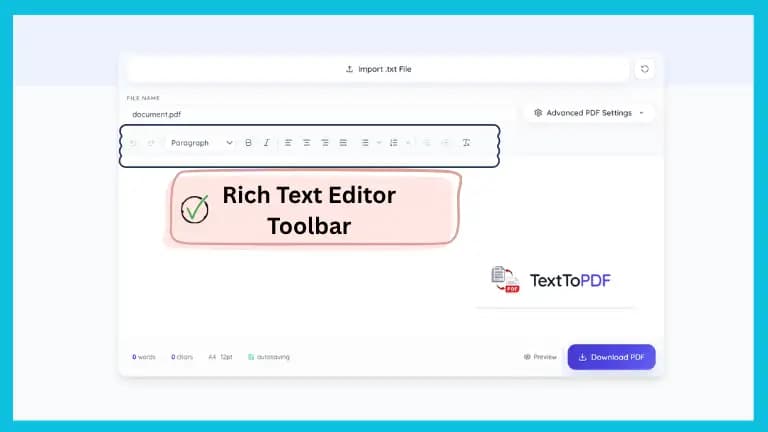 Rich text editor toolbar in TextToPDF