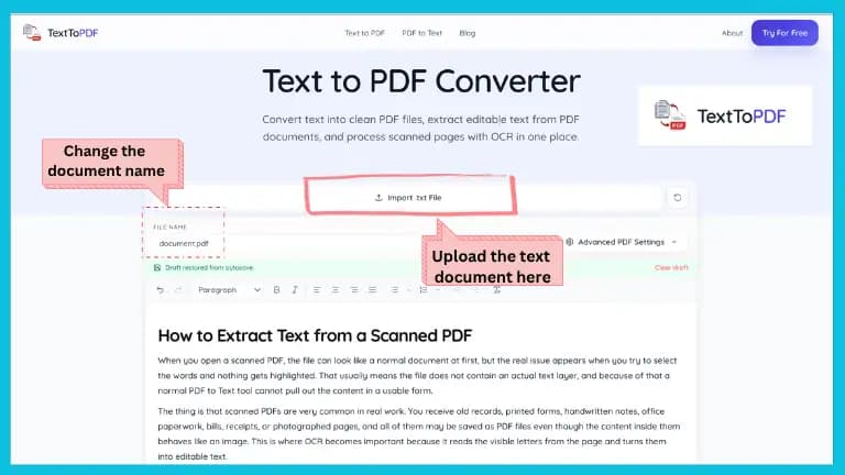 Upload text file or rename document in TextToPDF tool