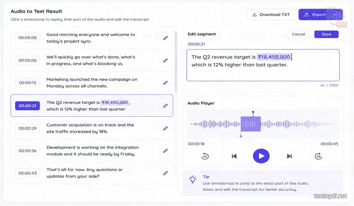 Editable audio transcript showing a timestamp linked to the matching section of the recording for review