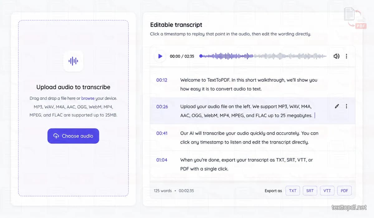 Audio transcription workflow showing an uploaded recording, editable transcript, timestamp replay and export options