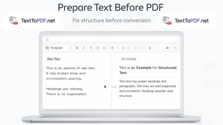 Preparing plain text before converting to PDF with structured paragraphs and clean formatting layout