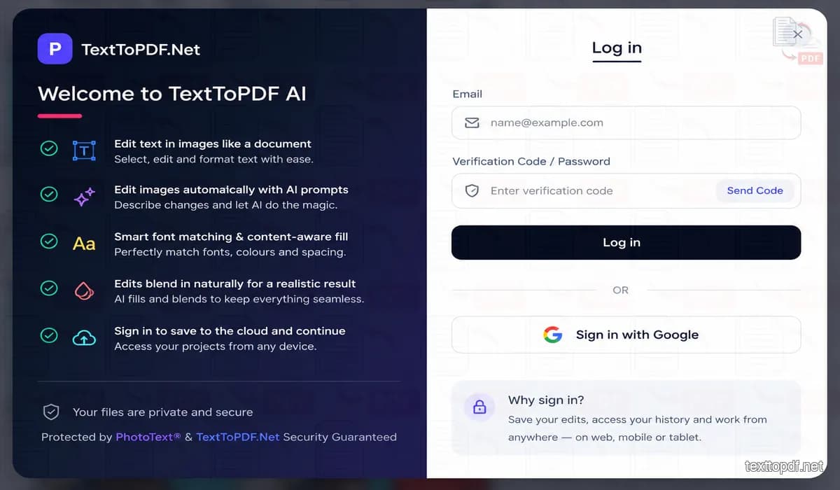Image editor sign-in dialog showing email OTP, Google sign-in and account feature information