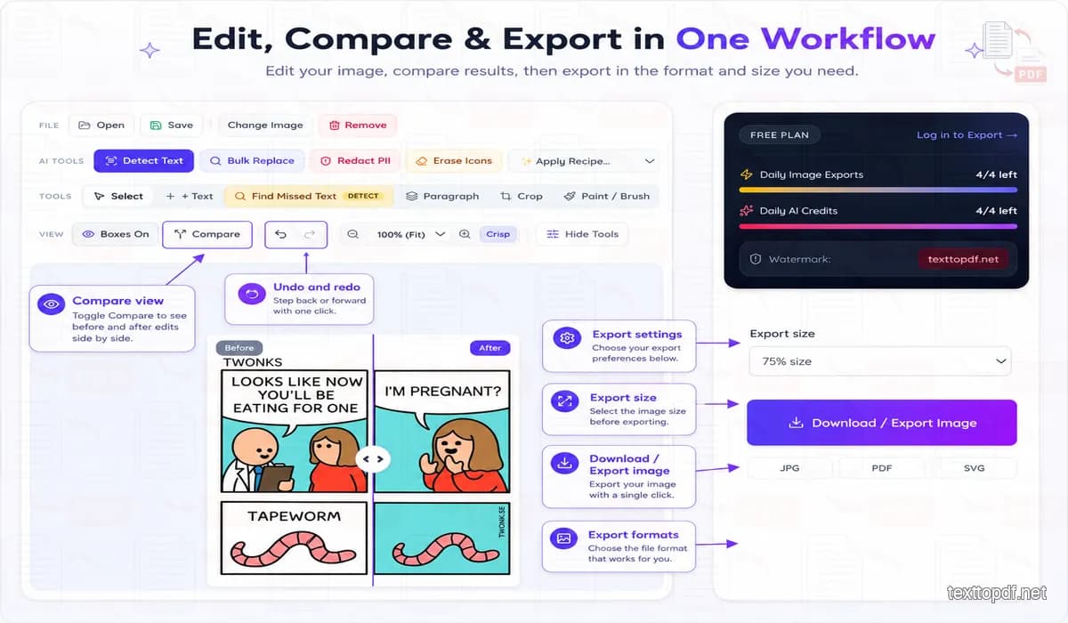 Image editor showing before and after comparison with undo controls and export settings