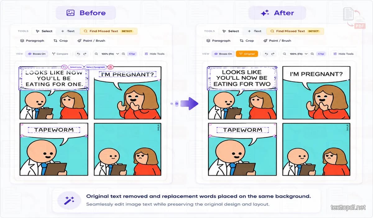 Before and after comparison showing original text removed and replacement words placed on the same background