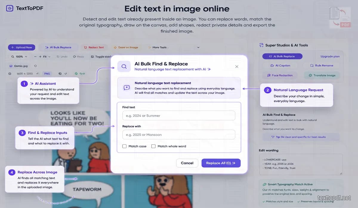 TextToPDF AI assistant showing a natural language request to replace text across an uploaded image