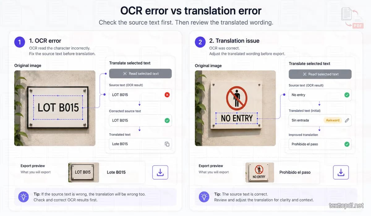 Example showing the difference between an OCR recognition mistake and a translation wording issue
