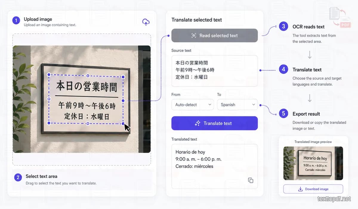 Image translation workflow showing OCR extraction, source text review, translation and image export
