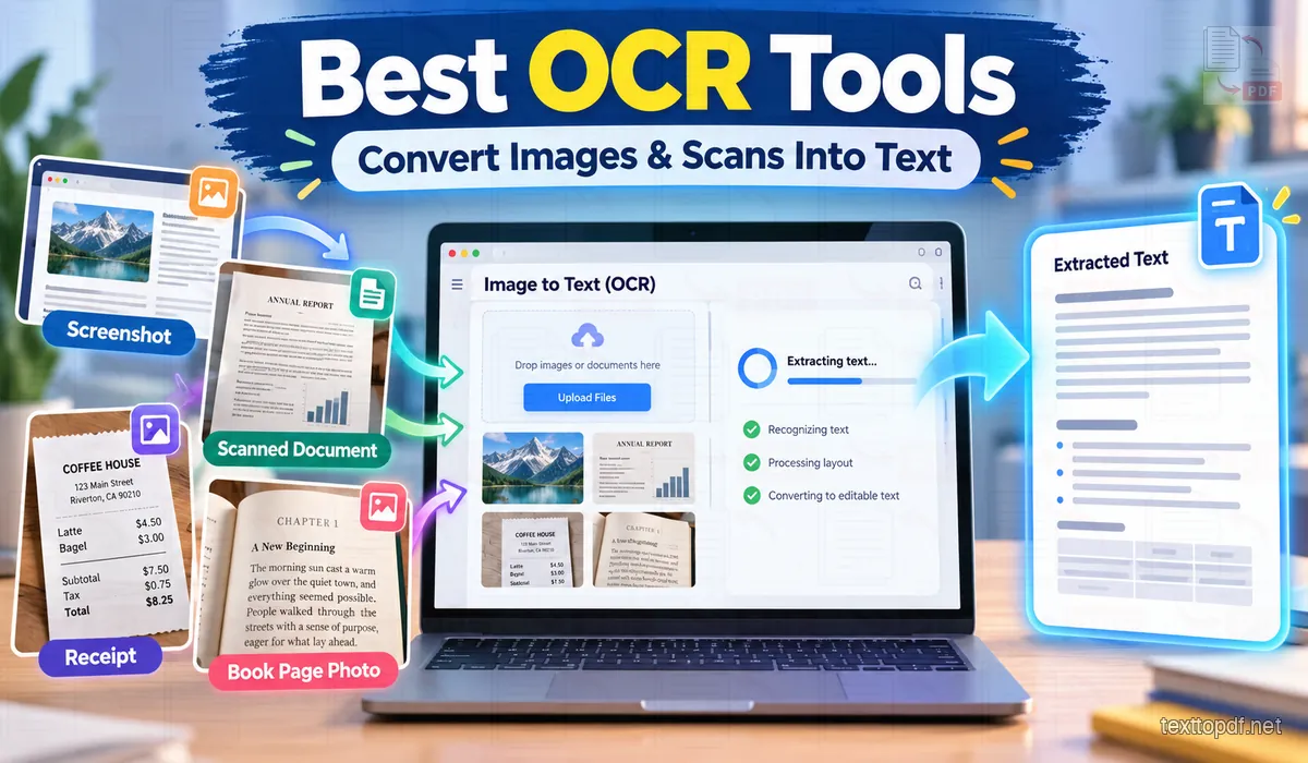 Illustration of OCR converting a screenshot, scanned document, receipt, and book page into editable text