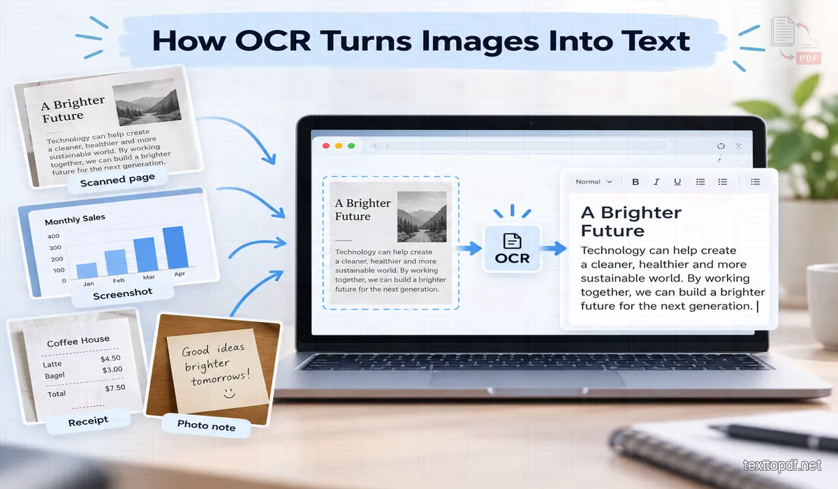 Diagram showing OCR turning a scanned page, screenshot, receipt, and photo note into editable text on a laptop