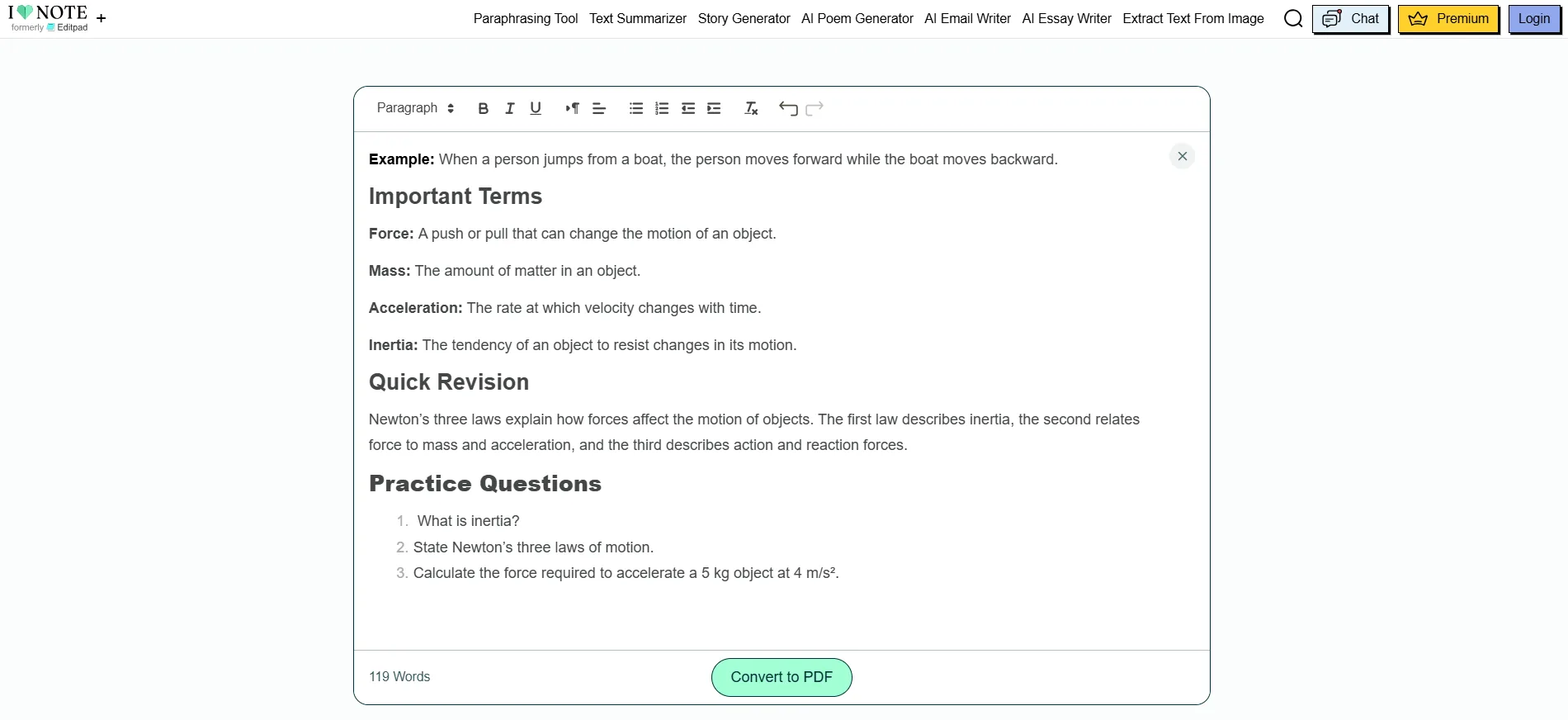 iLoveNote text-to-PDF editor with formatted study notes and a Convert to PDF button