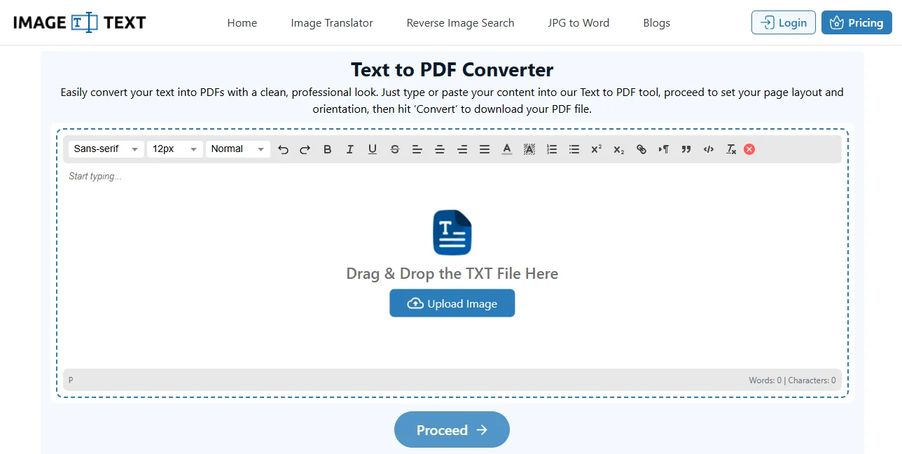 Imagetotext.me Text to PDF editor with formatting controls and a TXT file upload area
