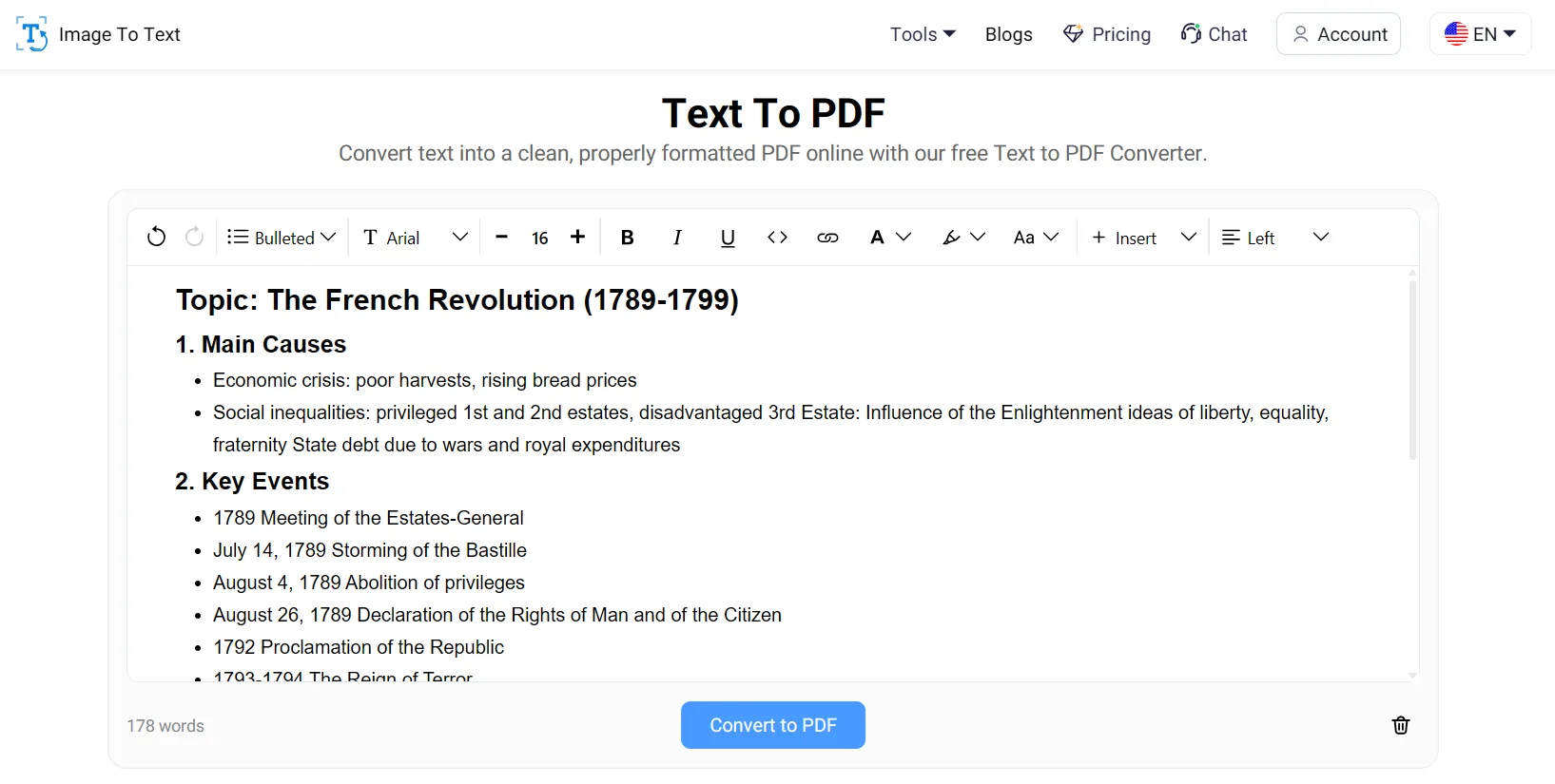 Imagetotext.io text-to-PDF editor with sample content and a Convert to PDF button