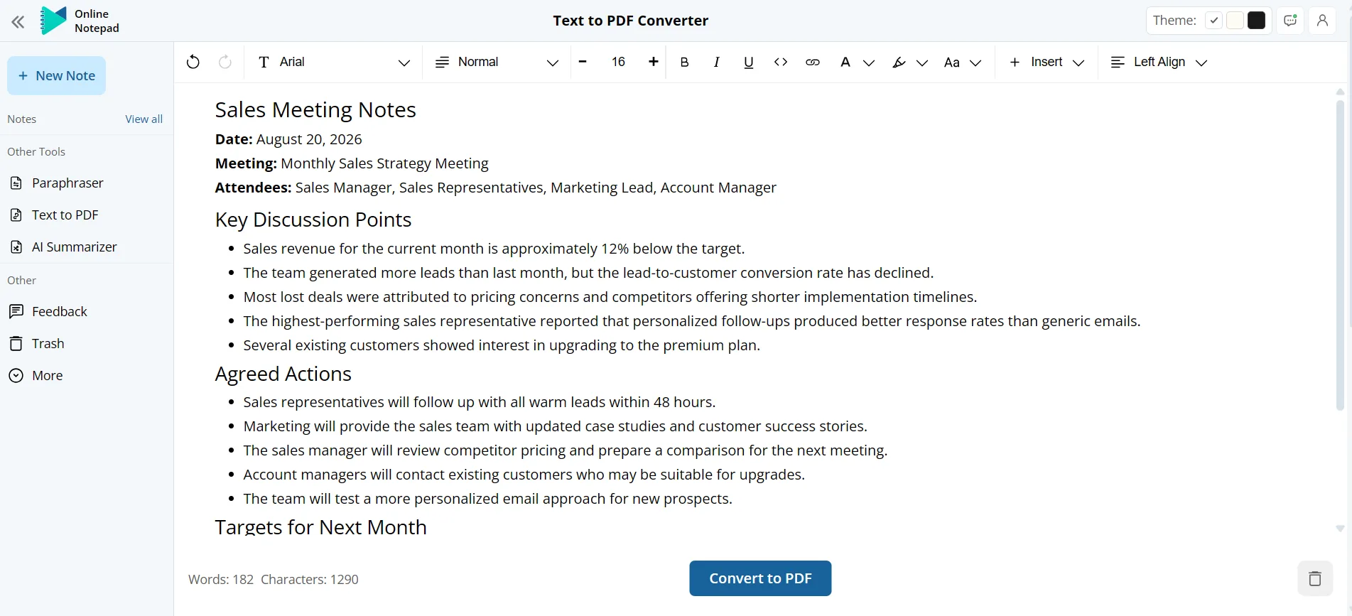 Online Notepad text-to-PDF editor with a sales meeting note