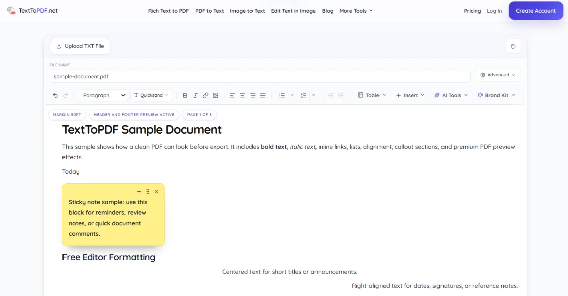 TextToPDF.net editor showing formatting controls and a sample document