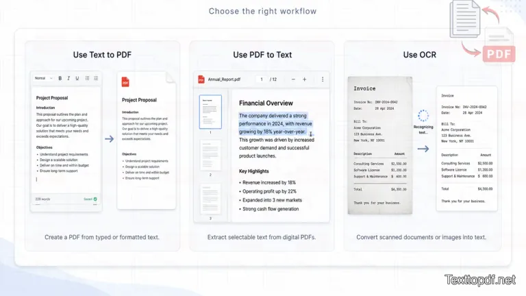 Workflow showing when to use Text to PDF, PDF to Text, and OCR for scanned PDF files