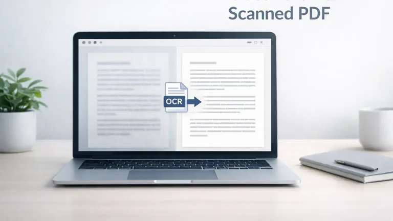 Scanned pdf document being converted into editable text using OCR on a laptop screen