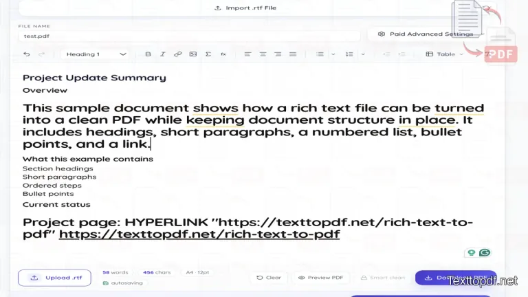 Rich text document being edited in the browser before conversion to PDF with headings, list formatting, and spacing adjustments
