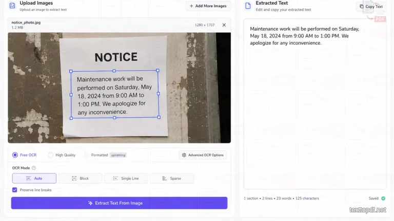 TextToPDF.net Image to Text tool showing a selected paragraph in a photographed notice with the extracted editable text beside it
