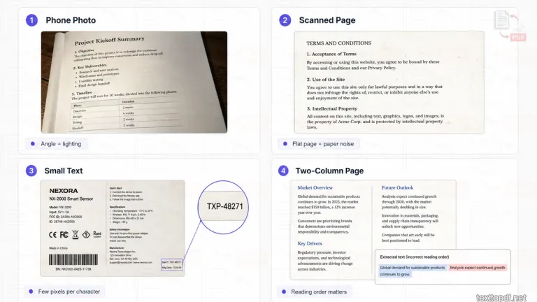 Comparison of a phone photo, scanned page, small-text image and two-column document showing different OCR challenges