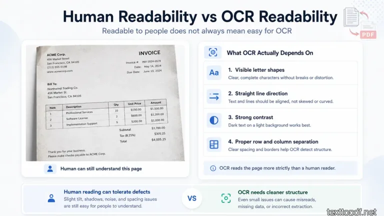 Comparison showing how humans read a scanned page differently from OCR text recognition