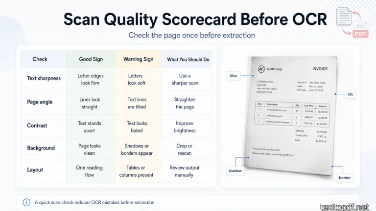 Checklist showing scan quality factors such as sharpness, alignment, contrast, background, and layout