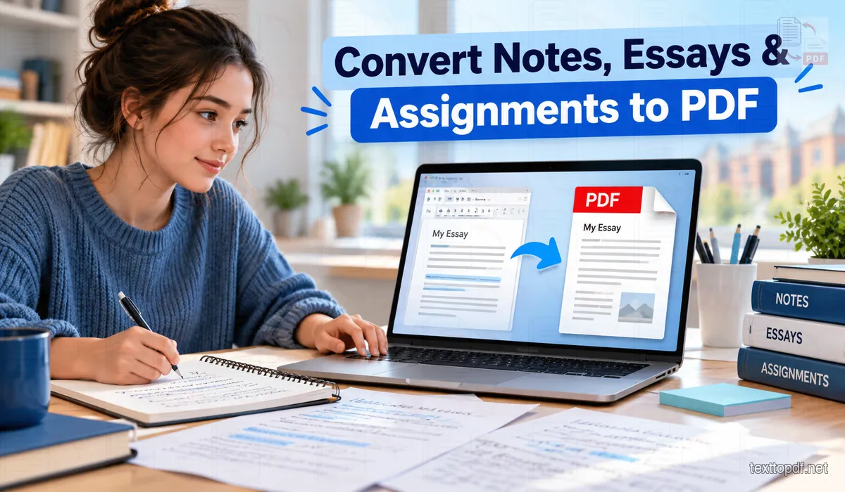 Student preparing notes, essays, and assignments on a laptop to convert into a clean PDF document