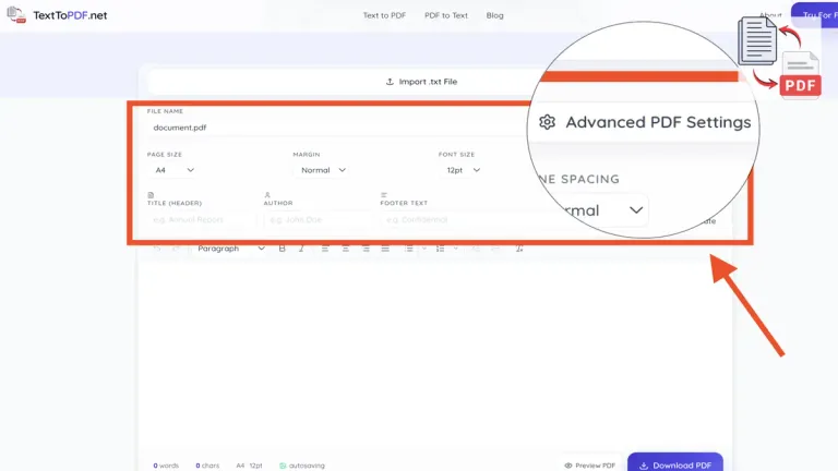 Advanced PDF settings panel showing page size margins font size and line spacing controls