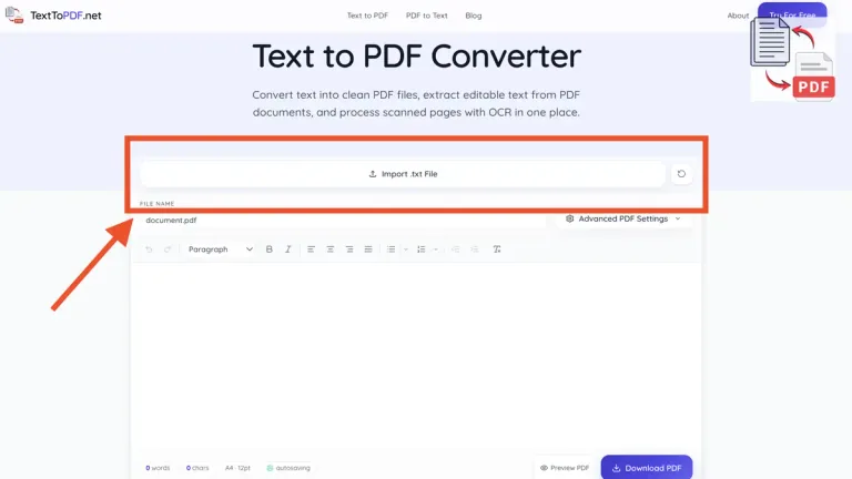 Import txt file option with upload button in text to PDF tool