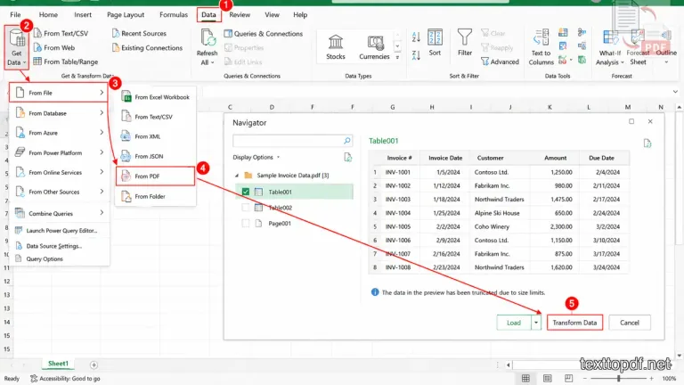 Excel Power Query PDF import process with highlighted menus