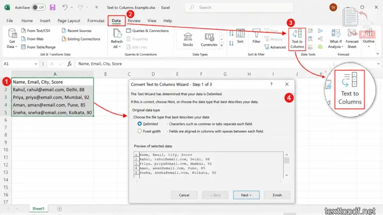 Excel Text to Columns feature highlighted with arrows and step markers