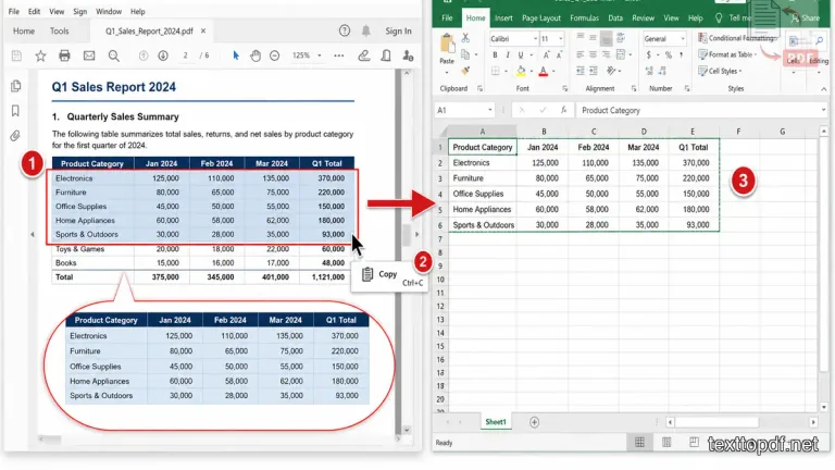 PDF copy and paste workflow into Excel with highlighted steps