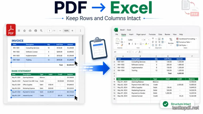 PDF table data moved into Excel without broken columns