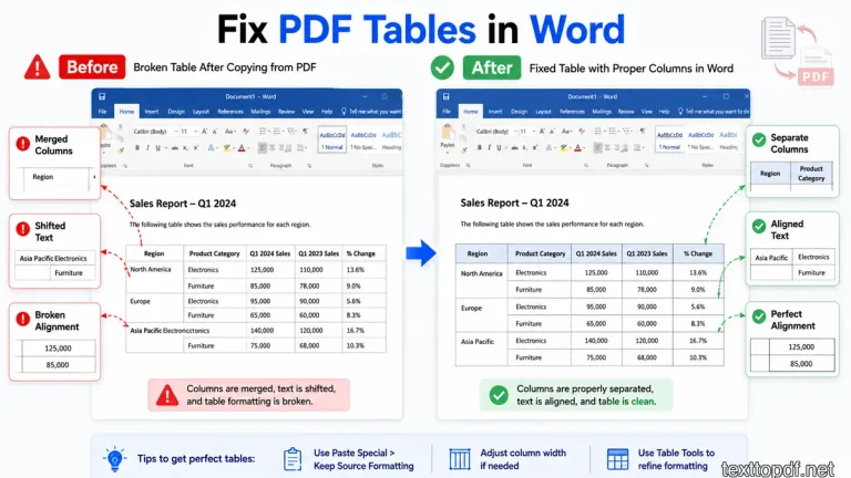 Broken PDF table and corrected Word table formatting