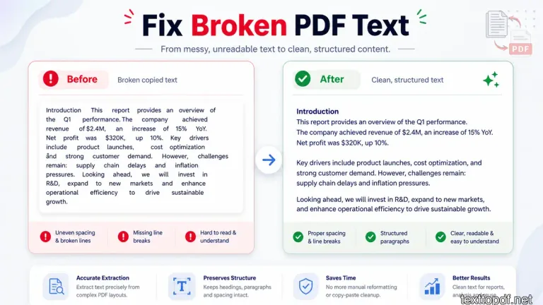 Broken copied PDF text and cleaned formatted text output