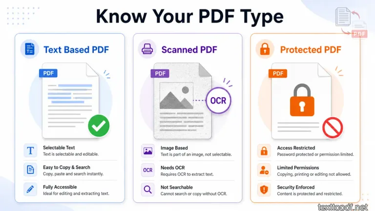 Text based PDF, scanned PDF, and protected PDF with copy options