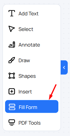 PDF editor side panel with Fill Form selected