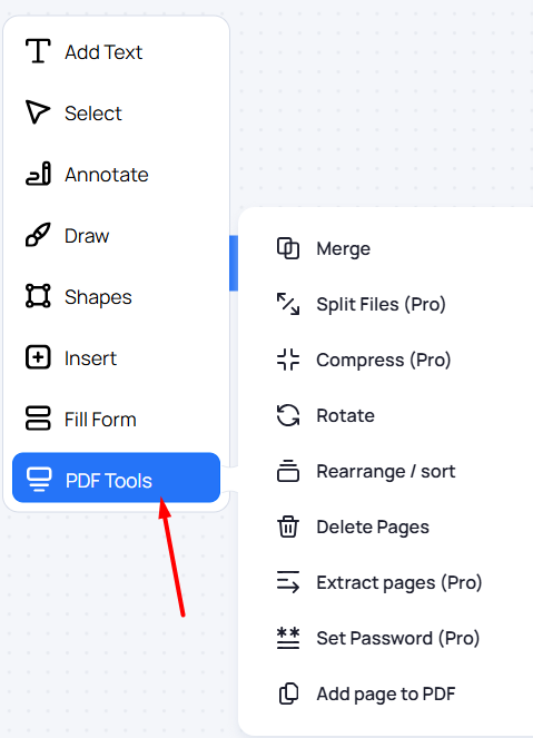 PDF Tools menu listing merge, split, compress, rotate, arrange, delete, extract, protect, and append operations