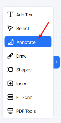 PDF editor side panel with Annotate selected among the available editing tools