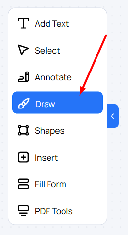 PDF editor side panel with Draw selected and an arrow pointing to the control