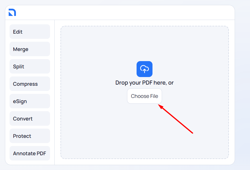 PDF editor upload panel with a Choose File button highlighted by an arrow