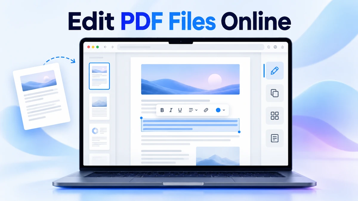 Online PDF editor on a laptop showing selected document text and editing tools