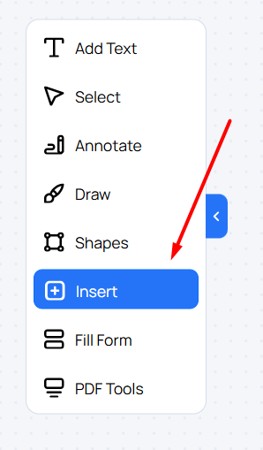 PDF editor side panel with Insert selected