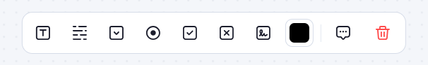 PDF form toolbar with text fields, checkboxes, radio buttons, signatures, and formatting controls
