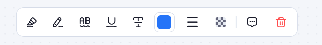 PDF annotation toolbar with pen, text emphasis, color, alignment, comments, and delete controls