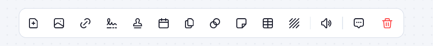 PDF insert toolbar with controls for text, images, links, tables, comments, and other page elements
