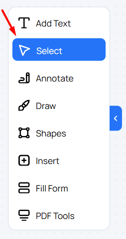 PDF editor side panel with Select highlighted above Annotate, Draw, Shapes, Insert, Fill Form, and PDF Tools
